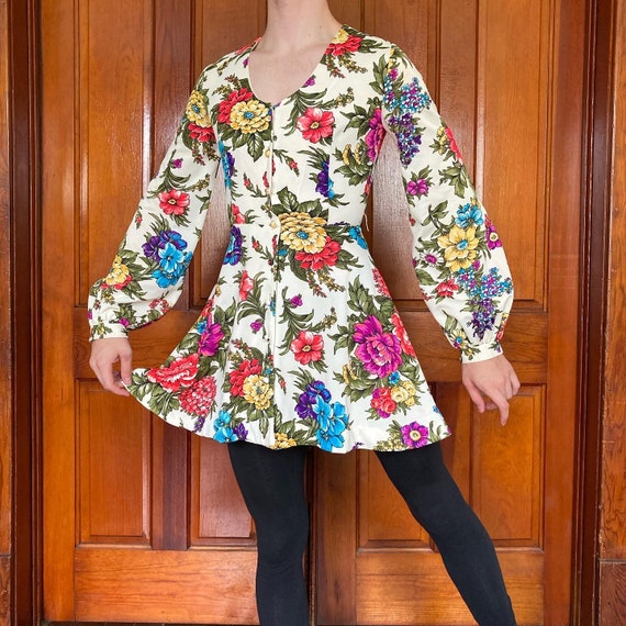 60s Sunday's child floral mini dress with bishop s