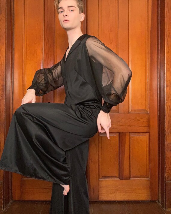 60s Black palazzo jumpsuit with sheer balloon slee