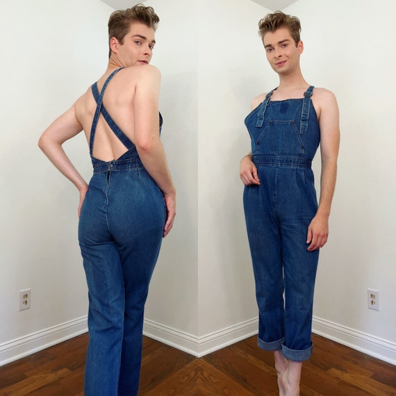 70s / Early 1980s H.I.S. open back denim overalls