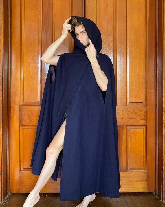 60s hooded navy wool cape