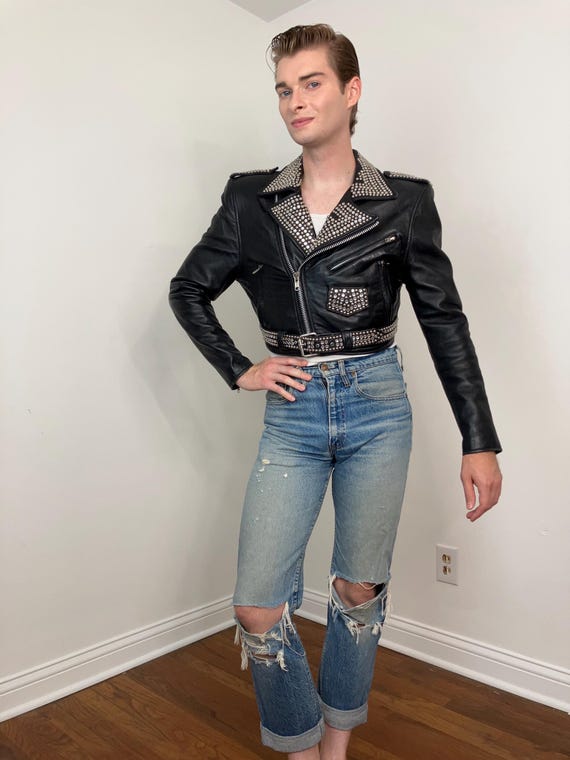 80s La Roxx Studded Black Leather Cropped Moto Jacket - Etsy