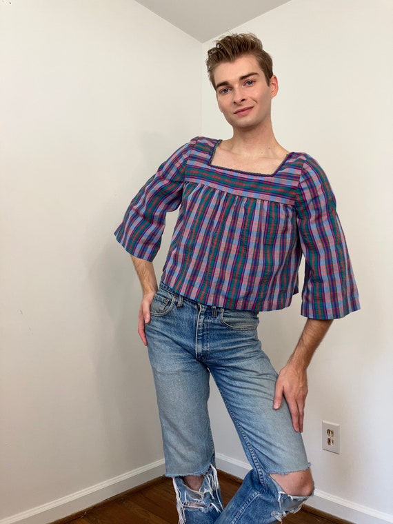 60s / 70s Plaid seersucker crop top