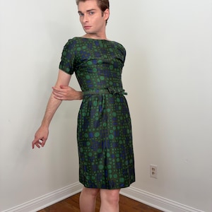 cotton wiggle dress Fabulous 1950's Rose Print Wiggle Dress In Polished Cotton With Cape Sleeves / XS