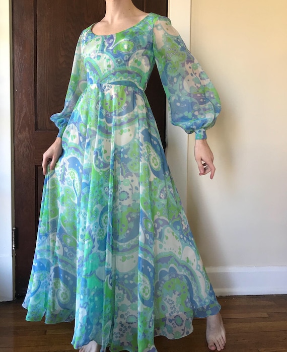 60s Pucci style print chiffon gown with balloon sl