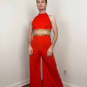 70s Wide leg cut-out jumpsuit with mesh waistline and coin details