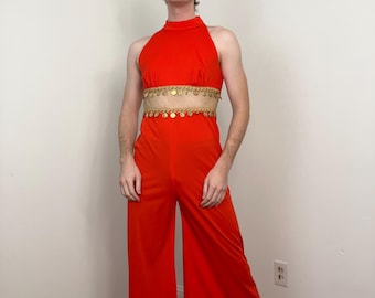 70s Overall mit weitem Beinausschnitt, Netz-Taille und Münzdetails