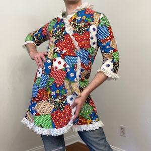 70s Patchwork print quilted wrap jacket
