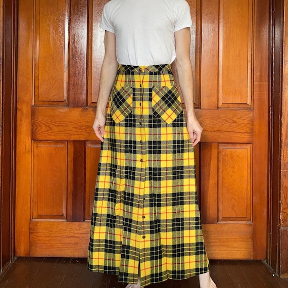 70s yellow tartan wool maxi skirt