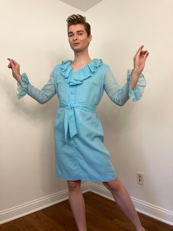blue 60s dress Vintage 1960s Blue Cotton Day Dress w/ Rhinestone Buttons