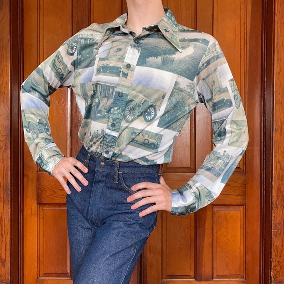70s Novelty photograph print disco shirt