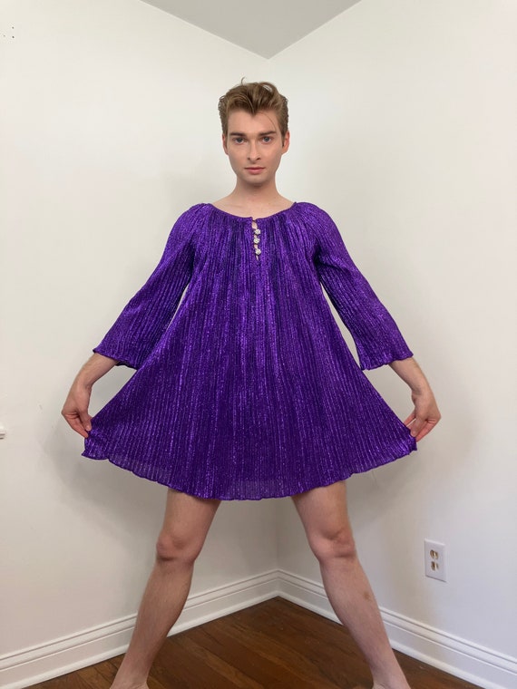 60s Purple metallic pleated mini dress