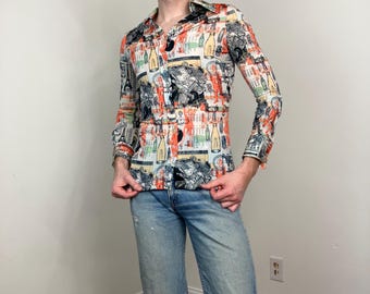 70s Puccini novelty print disco shirt