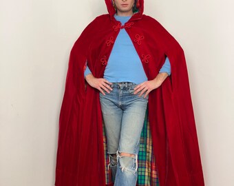 60s / 70s Red velvet full length hooded cape