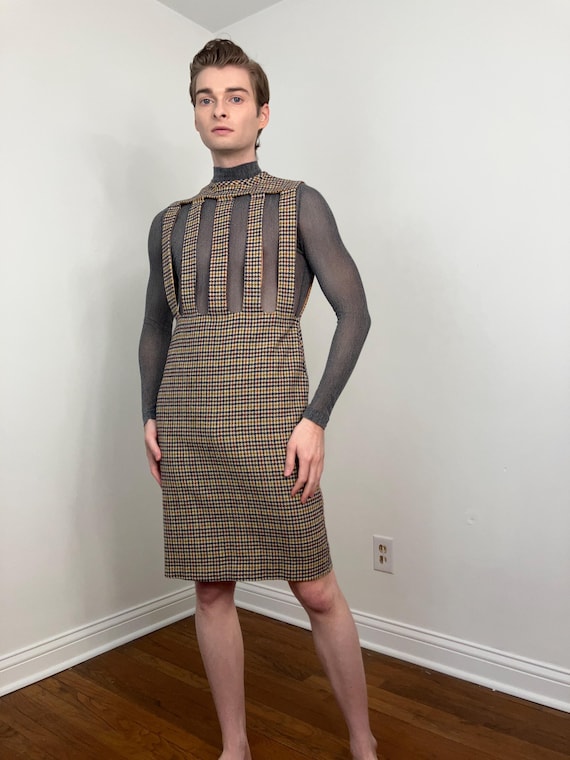 mesh cage dress 60s Space Age Mod Cut-out Cage Plaid Tweed Dress