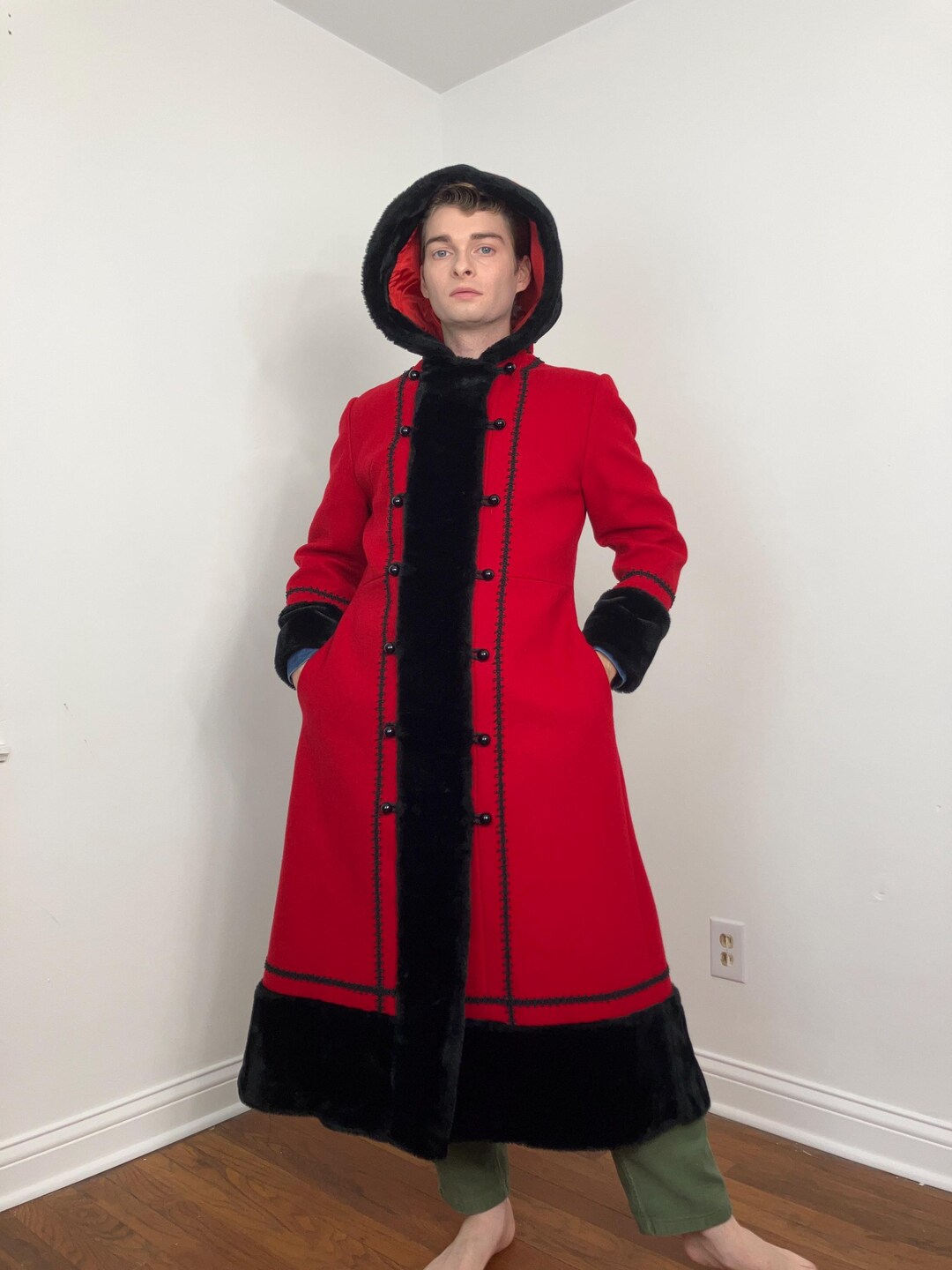 70s Sears Red Wool Hooded Russian Princess Coat With Faux Fur Hood