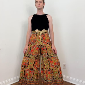 60s Psychedelic wide leg jumpsuit with velvet bodice and jeweled belt