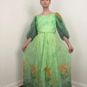70s Miss Elliette floral chiffon maxi with large balloon sleeves
