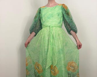 70s Miss Elliette floral chiffon maxi with large balloon sleeves