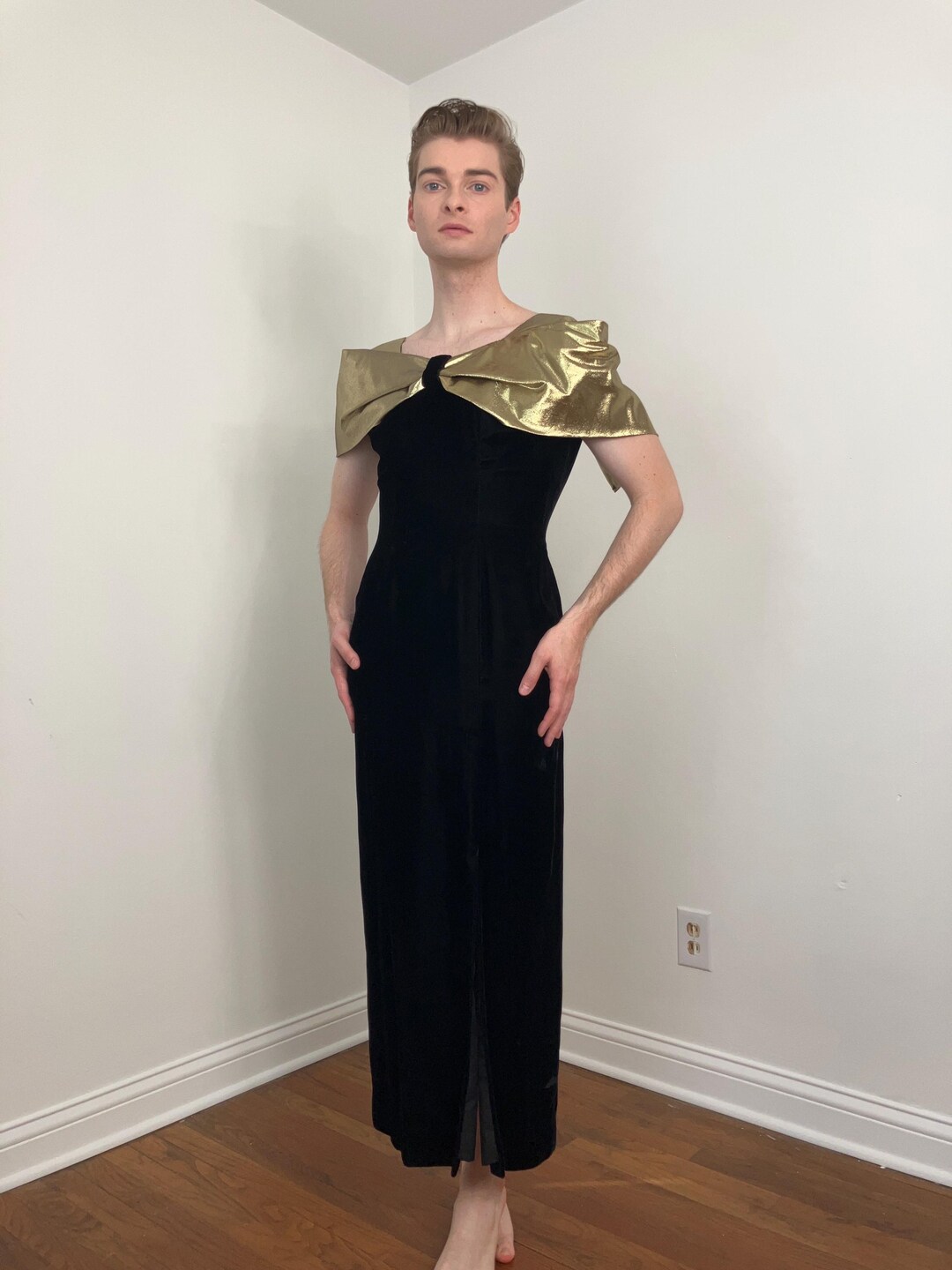 80s Black Velvet and Gold Lame Party Dress - Etsy