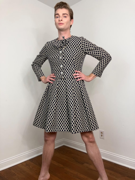 60s Pauline Trigere wool lattice pattern dress set - image 1