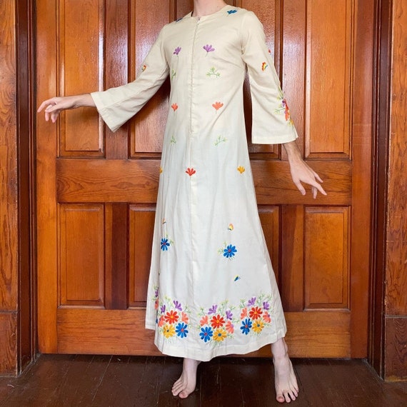 60s Embroidered cotton dress with bell sleeves