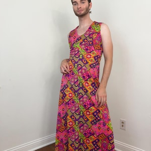 70s Multi colored psychedelic mosaic print maxi dress