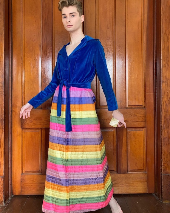 60s Deadstock rainbow quilted house dress with vel