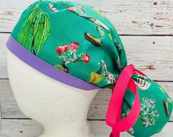 Women's ponytail surgical scrub cap. Perfect for long hair, tie with ribbon. Nurse. Anesthesiologist. Plant love. Bonsai. Pretty flowers.