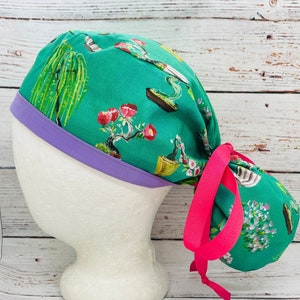 Women&#39;s ponytail surgical scrub cap. Perfect for long hair, tie with ribbon. Nurse. Anesthesiologist. Plant love. Bonsai. Pretty flowers.