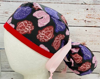 Women's ponytail surgical scrub cap. Perfect for long hair, tie with ribbon. Nursing. Anesthesiologist. Veterinary. Hearts, lungs and brains