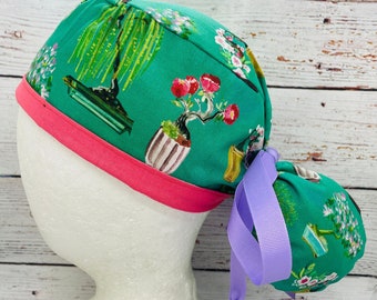 Women's ponytail surgical scrub cap. Perfect for long hair, tie with ribbon. Nurse. Anesthesiologist. Plant love. Bonsai. Pretty flowers.