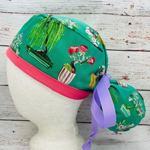 Women&#39;s ponytail surgical scrub cap. Perfect for long hair, tie with ribbon. Nurse. Anesthesiologist. Plant love. Bonsai. Pretty flowers.