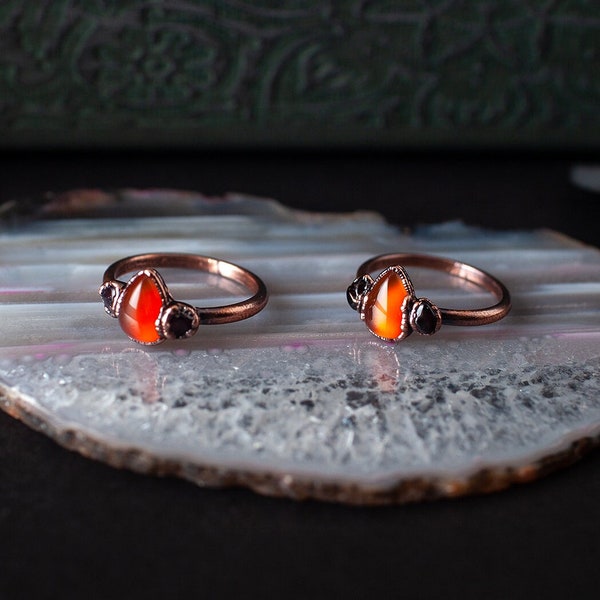 Orange Agate and Garnet Ring - Multi-stone Ring - Electroformed - Copper Ring - Gemstone Ring- Gift for Her