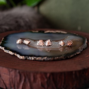 Raw Sunstone Stud Earrings: Electroformed Copper, Titanium Posts