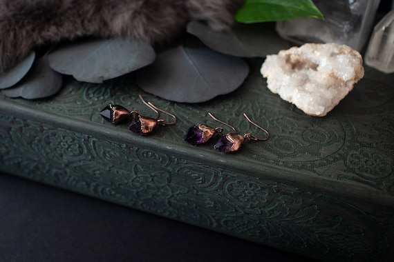 Raw Amethyst Dangle Earrings: Electroformed Copper, Witchy Jewelry