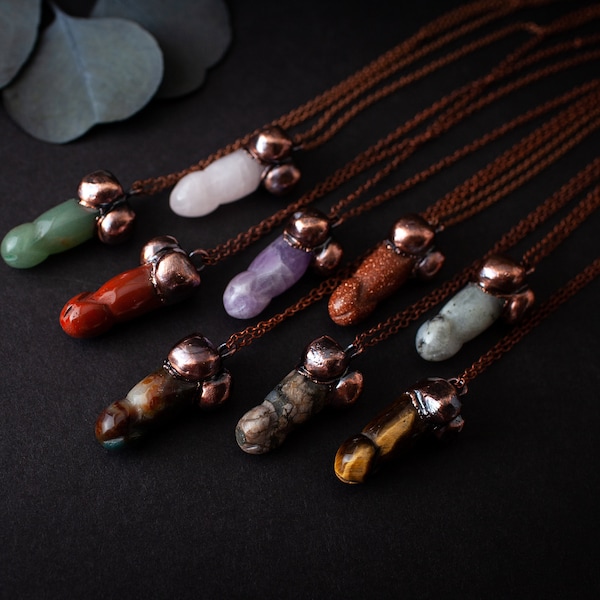 Crystal Penis Necklace - Phallic Jewelry - Bridesmaid Gift - Phallus Jewelry - Gemstone Penis - Witchy Jewelry - Copper Necklace