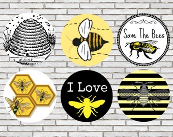 Set Of 6 Bee Themed 1.25" or Pinback Buttons, Magnets or Scrapbook Flair I Love Bees Save The Bees Bumblebee Honeycomb Retro Vintage Look