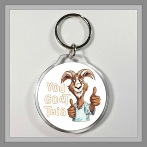 May include: A round clear acrylic keyring featuring a cartoon brown goat wearing a light blue shirt. The goat is giving a thumbs up with both hands. To the left of the goat, the text "YOU GOAT THIS" is printed in a light tan colour.