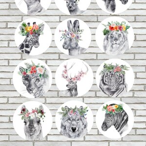 Choose Any 4 Watercolor Animals In Flower Crowns As Fridge Magnets or Pinback Buttons Llama Wolf Giraffe Tiger Lion Rabbit Cat Zebra Horse