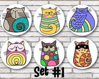 Cute Colorful Cat Magnet Set Or Pinback Button Set Of 6 Designs 1.25" Cute Cat Illustrated Great Gift Stocking Stuffer For Cat Lover