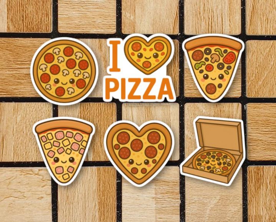 Set of 6 Kawaii Pizza Stickers - Pizza Vinyl Sticker Pack - 2