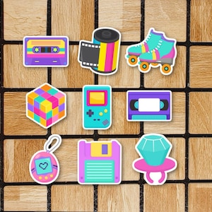 Set Of 9 Different 90's Themed Stickers - 2" Vinyl Stickers - Retro Toys Vintage Game Floppy Disc Roller Skates Film Mixed Tape Cube