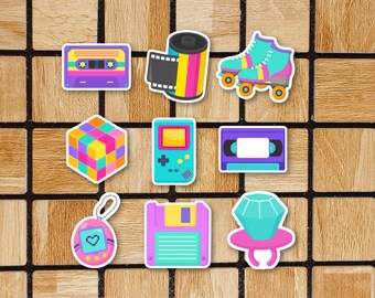 Set Of 9 Different 90's Themed Stickers - 2" Vinyl Stickers - Retro Toys Vintage Game Floppy Disc Roller Skates Film Mixed Tape Cube