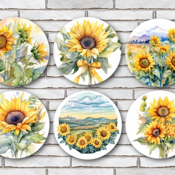 Watercolor Sunflower Magnets Or Pinback Button Pin - Set Of 6 - 1.25" Size - Sunflower Decor Decorations For Kitchen - Sunflower Gifts Art