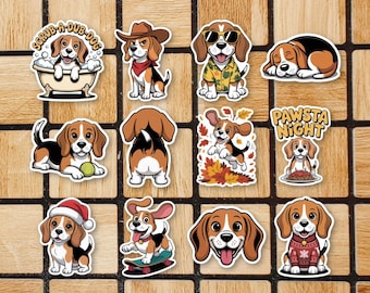 Set Of 12 Beagle Stickers - Cute Dog Sticker Pack - Pet Beagle Gift Mom Dad - Waterproof Vinyl Laptop Stickers - Animal Scrapbook Planner