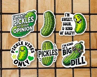Funny Pickle Sticker Pack - Set Of 6 Pickle Stickers Vinyl - Pickle Lover Gifts - Christmas Pickle Gift - Die Cut Vegan Food Laptop Sticker