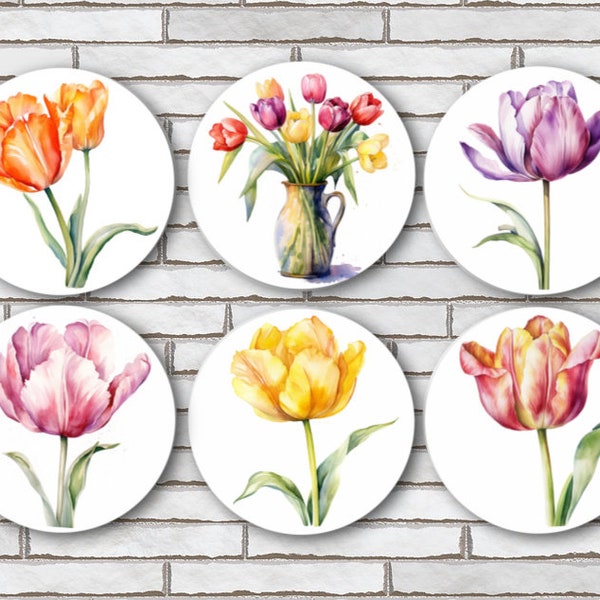 Set Of 6 Tulip Magnets or Pinback Button Pin - 1.25" - Tulip Gifts - Watercolor Flower Decor - Floral Magnet Set - Tulip Flower Magnets