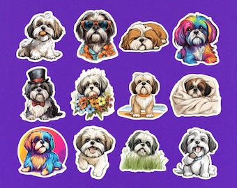Set Of 12 Shih Tzu Stickers - 2" Die Cut Sticker Pack - Cute Animal Laptop Stickers - Shih Tzu Gifts For Mom - Dog Art Computer Decals
