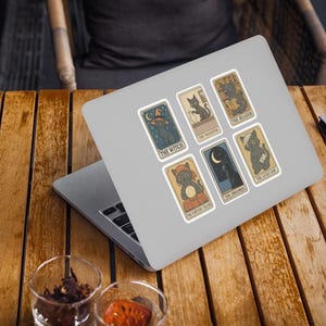 Set Of 6 Retro Black Cat Stickers - Cute Tarot Card Stickers - Vintage Style Halloween Sticker Pack - 3" Die-Cut Stickers - Black Cat Decor image 2