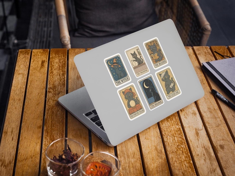 Set Of 6 Retro Black Cat Stickers - Cute Tarot Card Stickers - Vintage Style Halloween Sticker Pack - 3" Die-Cut Stickers - Black Cat Decor image 2